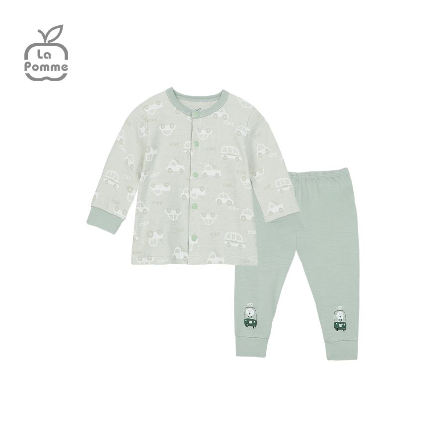 Bộ dài tay La Pomme cúc giữa Little Car - Xanh