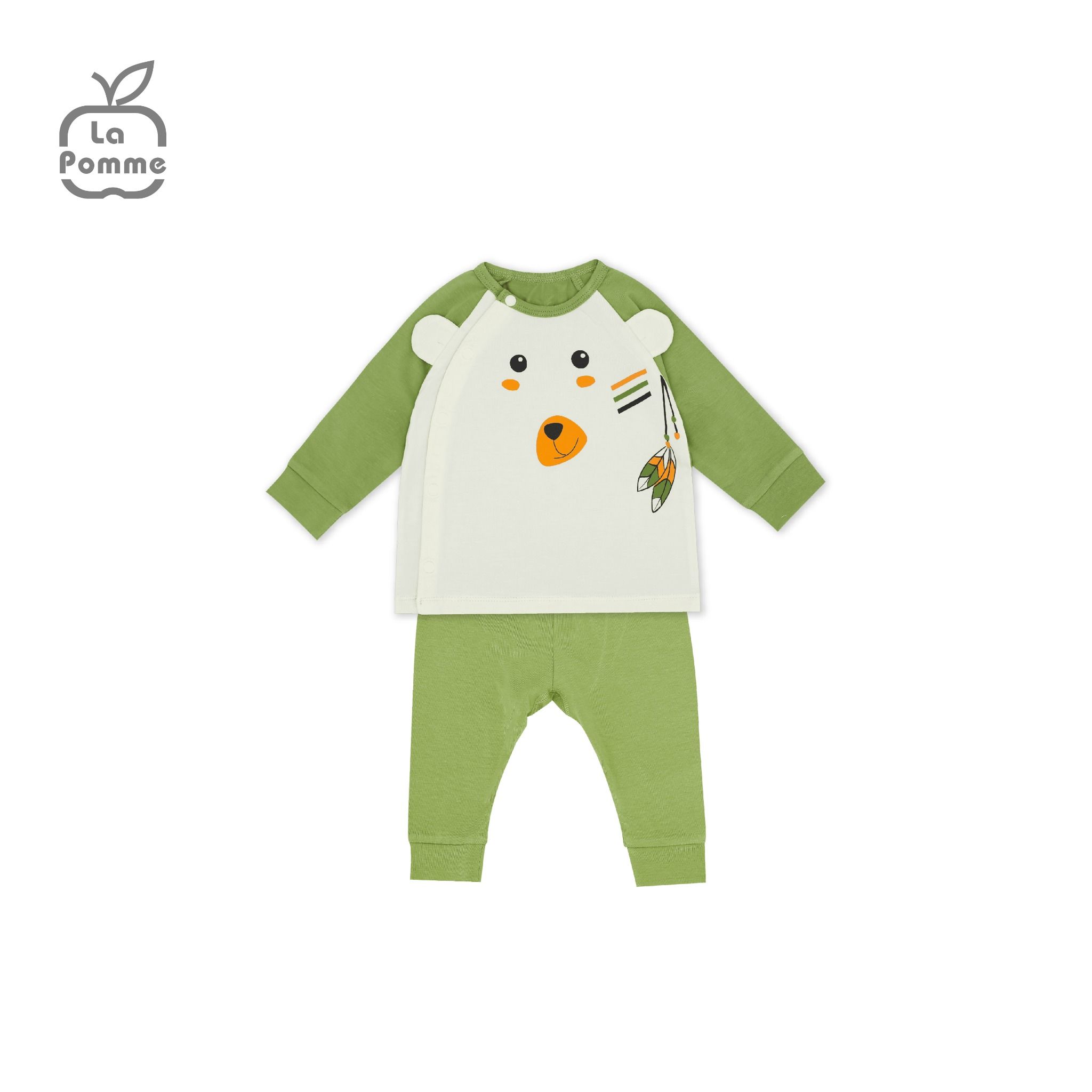 Bộ dài tay La Pomme cúc lệch Teddy Bear - Xanh vàng