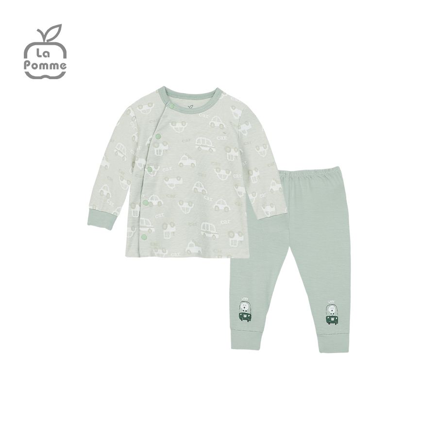 Bộ dài tay La Pomme cúc lệch Little Car - Xanh