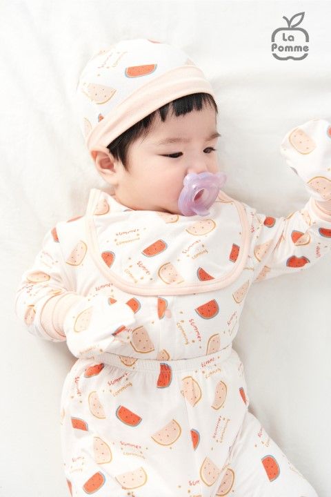 Bộ dài tay La Pomme cúc giữa Watermelon - Trắng Hồng