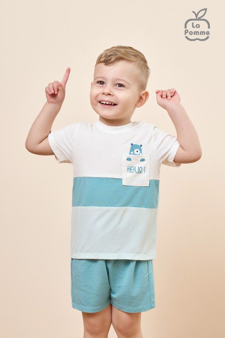 Bộ cộc tay La Pomme Hello Little Bear - Xanh