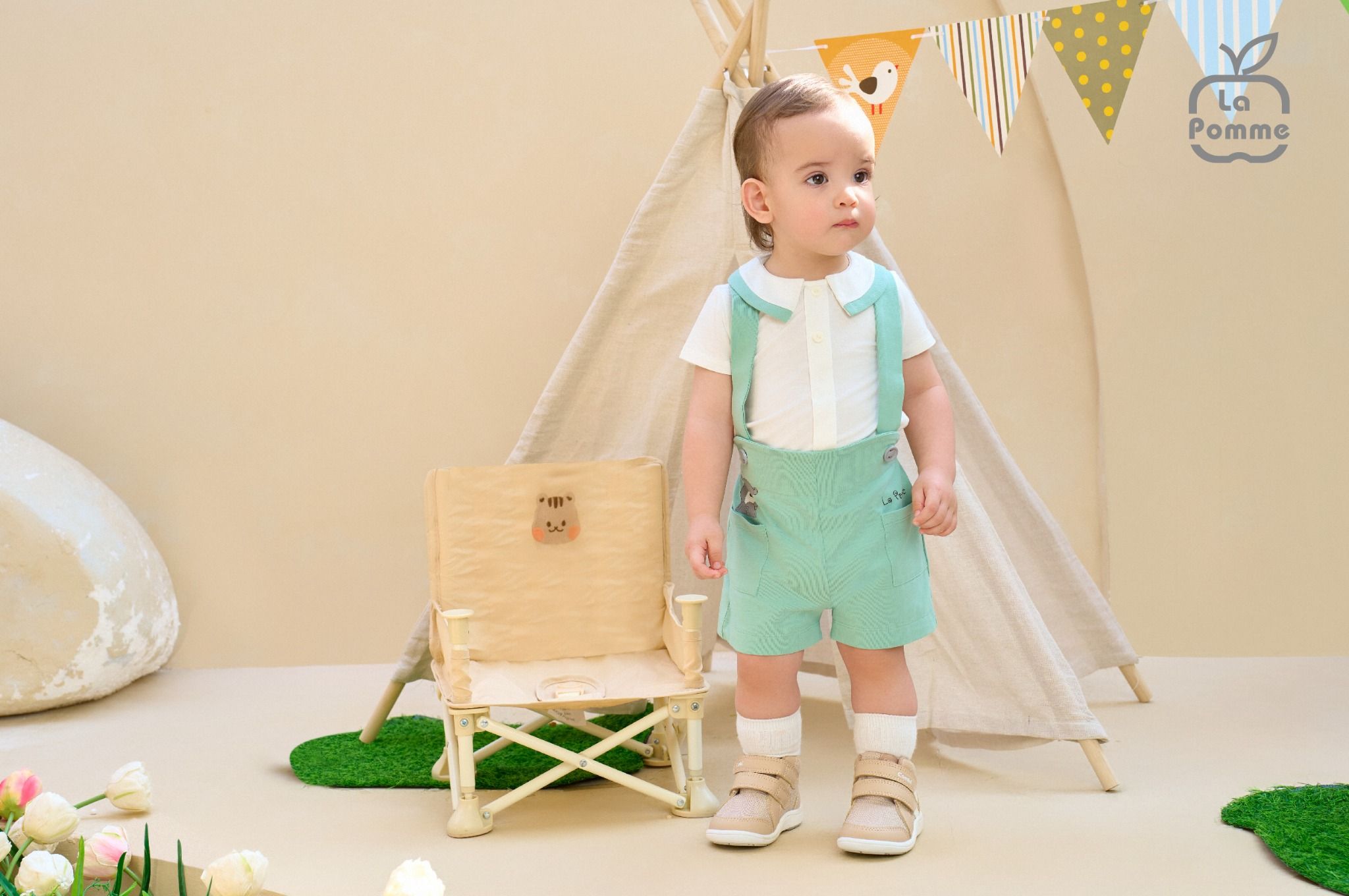 Bộ yếm rời kèm áo cộc tay La Pomme Gấu Nâu Vui Vẻ