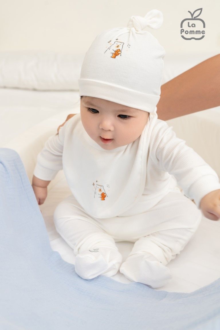 Bộ dài tay La Pomme cúc thẳng Gấu và cá nhỏ