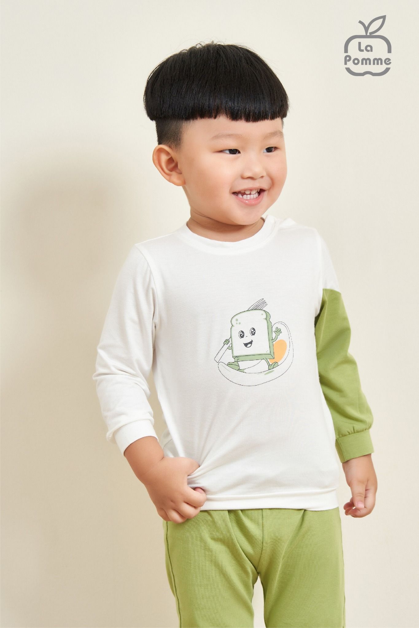 Bộ dài tay La Pomme Bánh mì Ốp la - Xanh lá