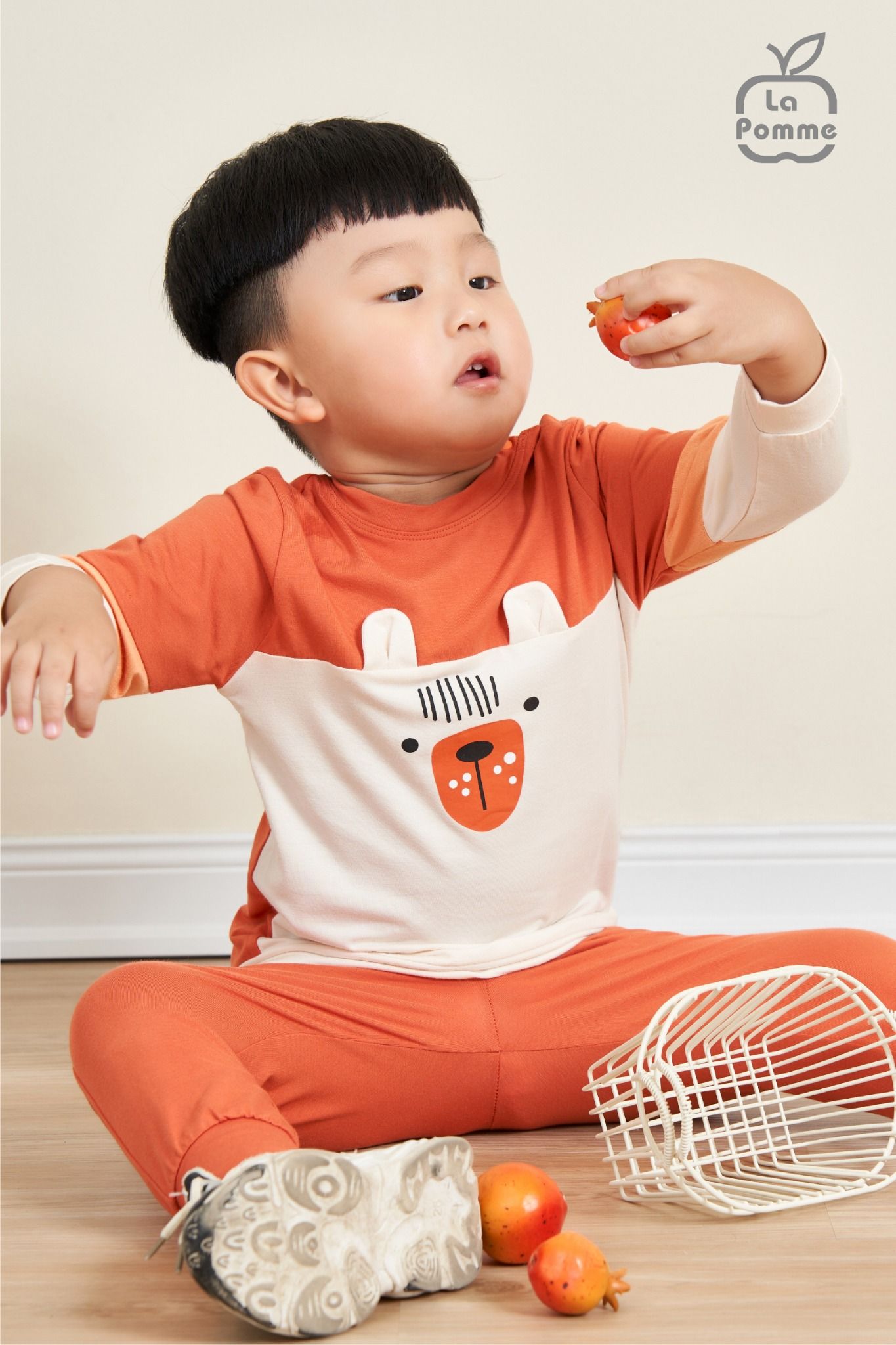 Bộ dài tay La Pomme phối màu mặt gấu - Xanh