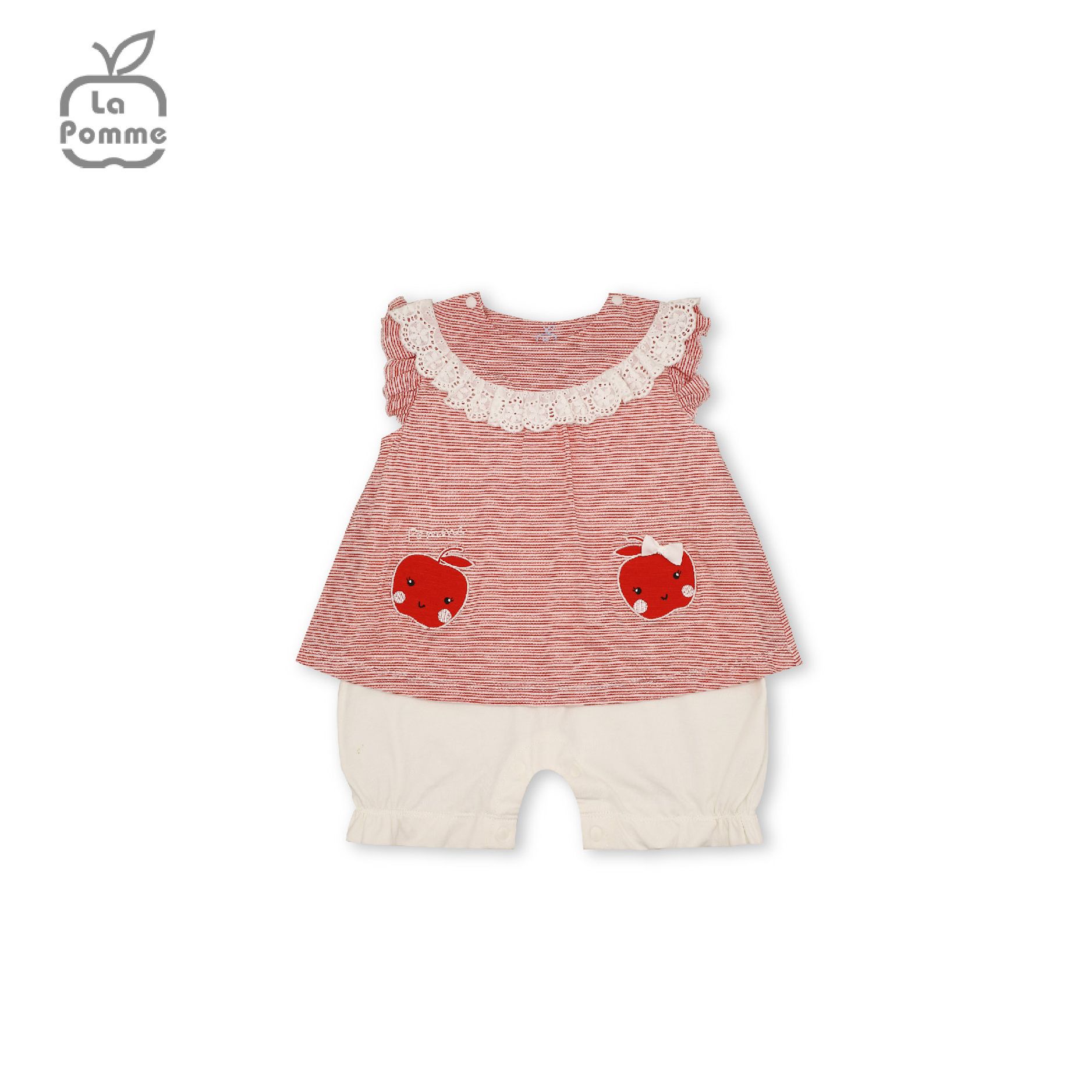 JS071 Bộ Body sát nách La Pomme trái táo viền ren - Hồng trắng