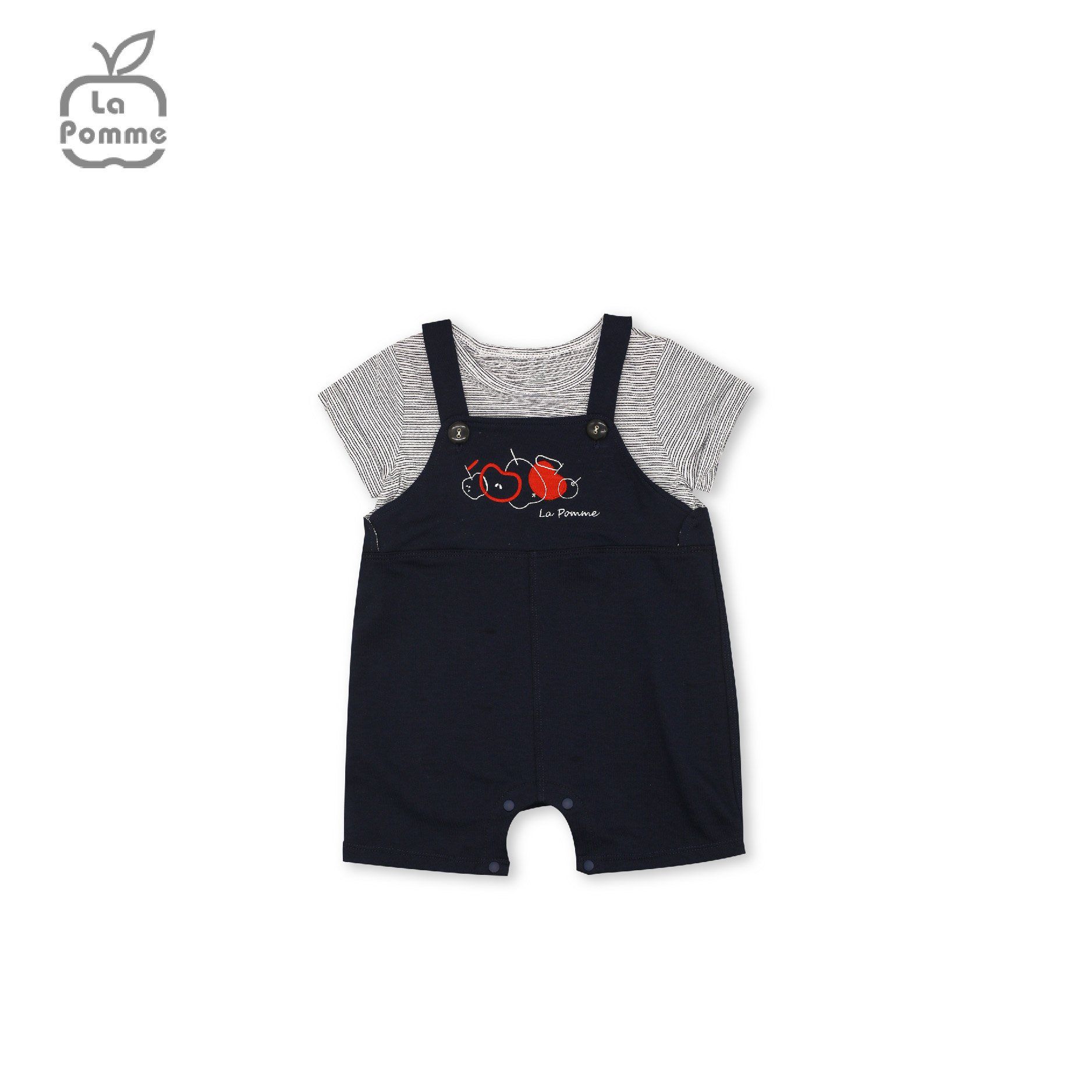 JS072 Bộ Body cộc tay La Pomme phối yếm thêu trái táo - Đen xám