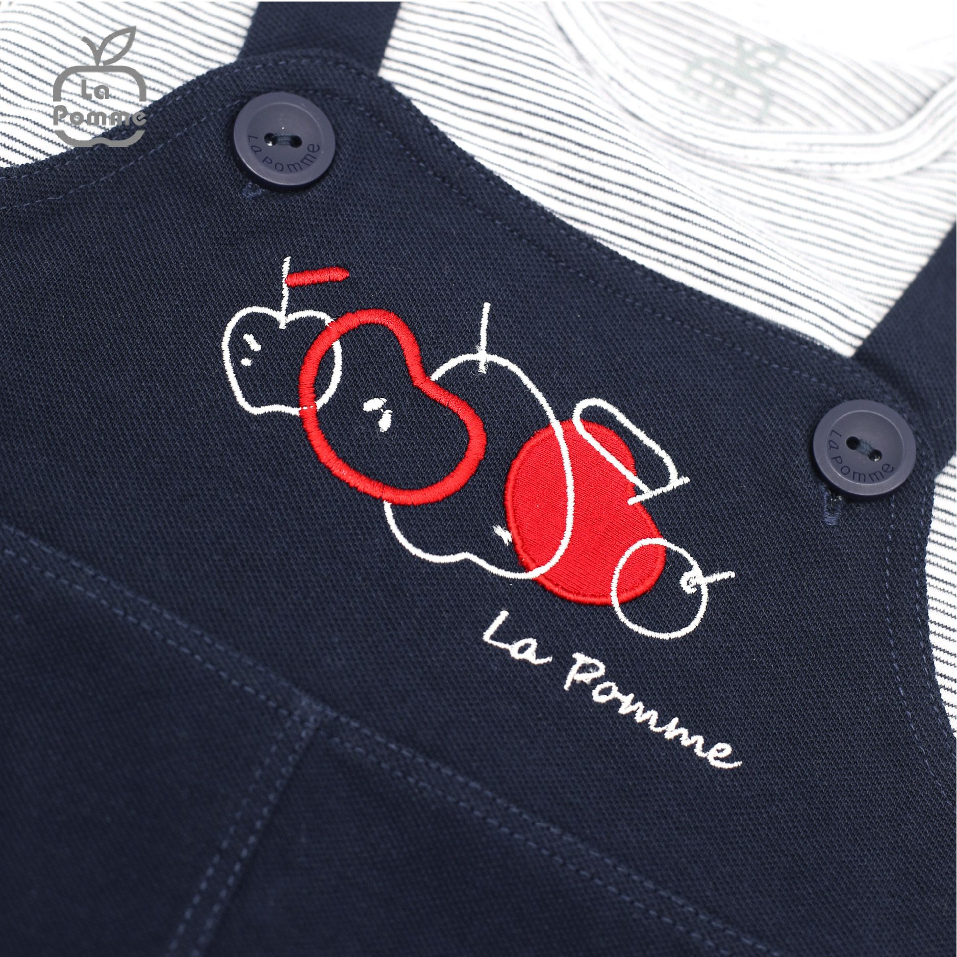 JS072 Bộ Body cộc tay La Pomme phối yếm thêu trái táo - Đen xám