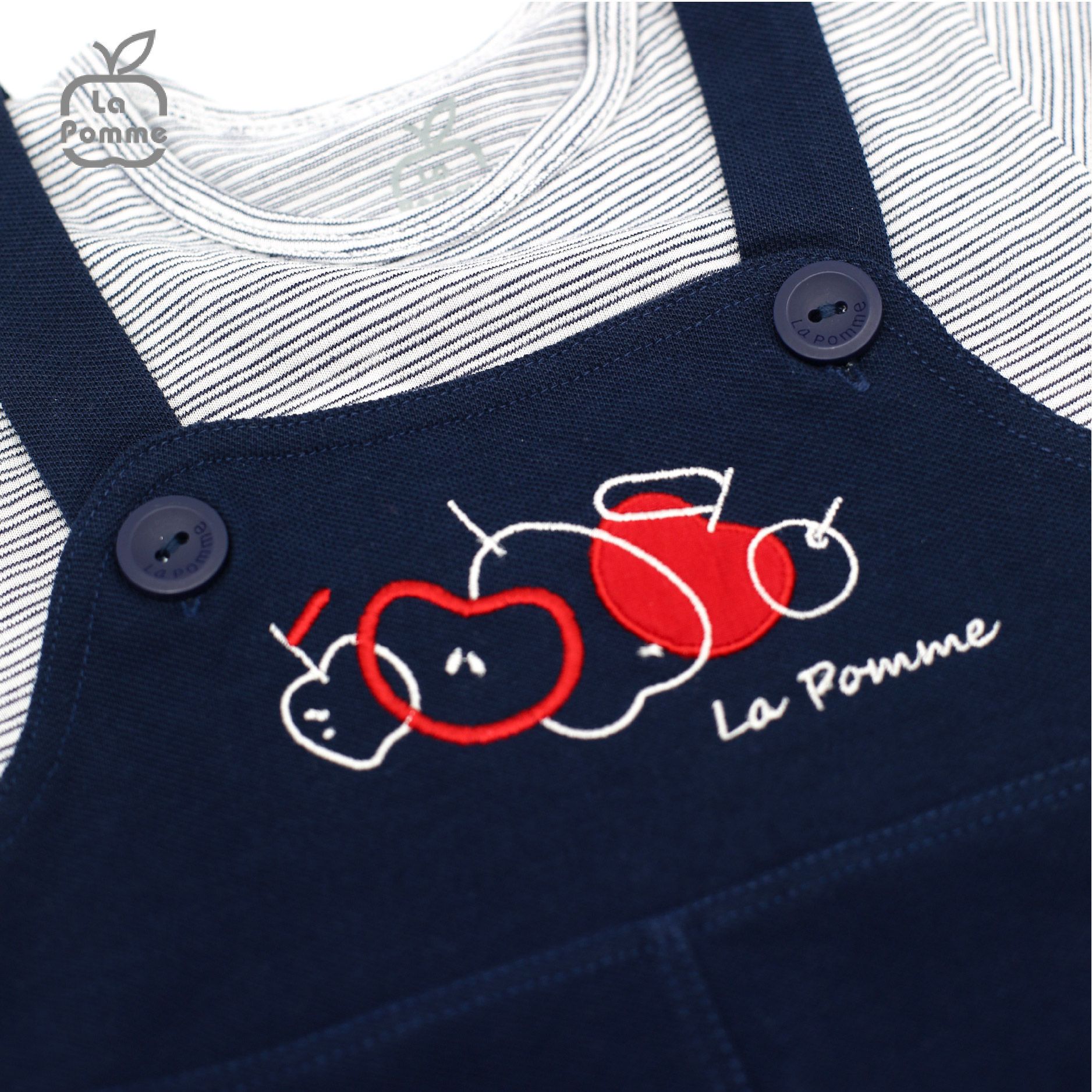 JS072 Bộ Body cộc tay La Pomme phối yếm thêu trái táo - Đen xám