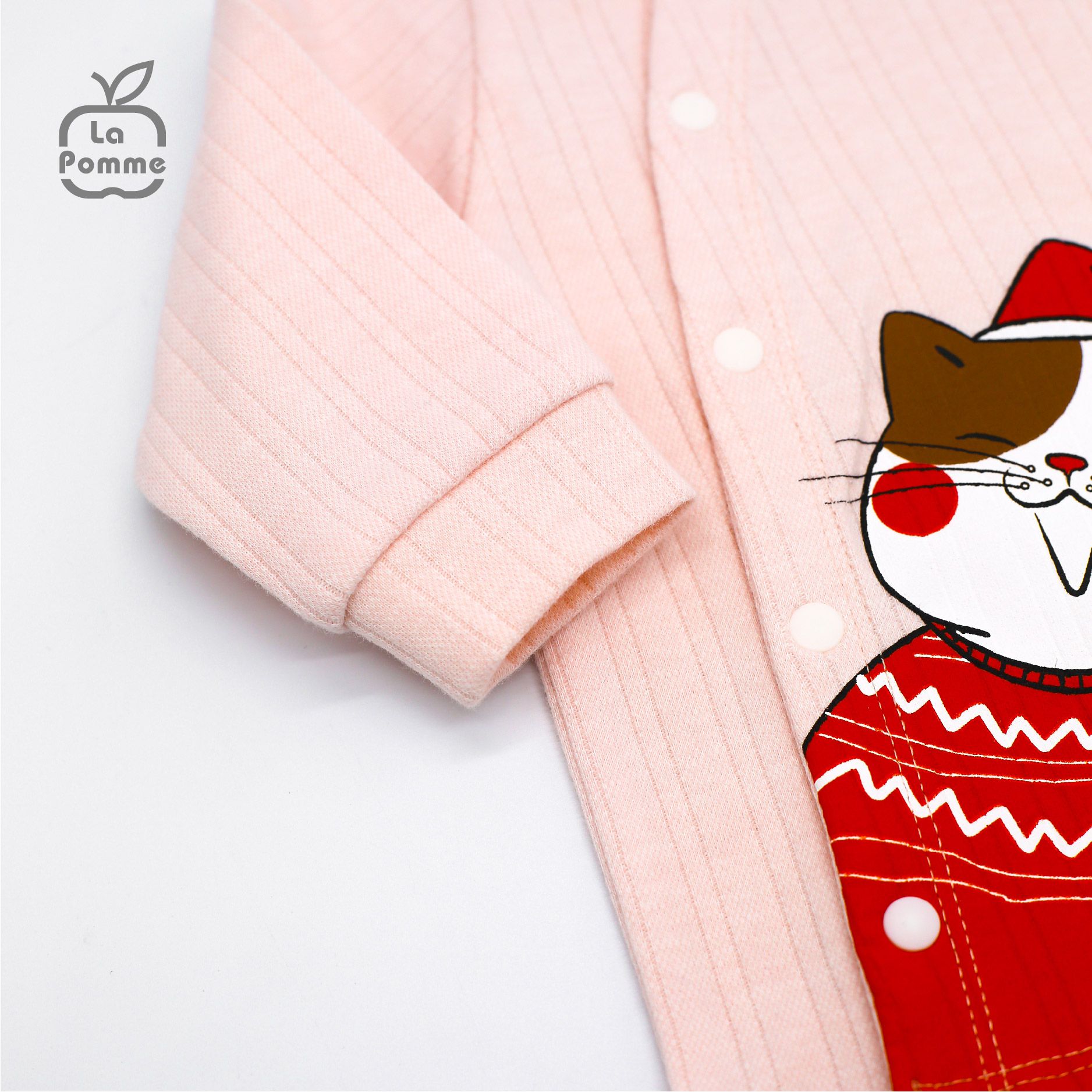 SLD058 Bộ dài tay La Pomme cúc lệch kẻ - Hồng