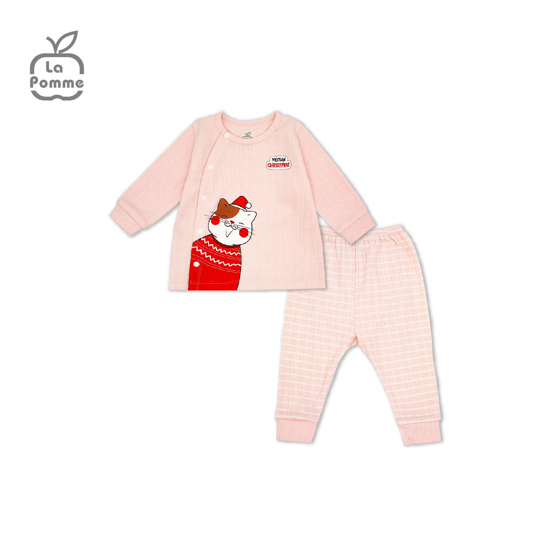 SLD058 Bộ dài tay La Pomme cúc lệch kẻ - Hồng