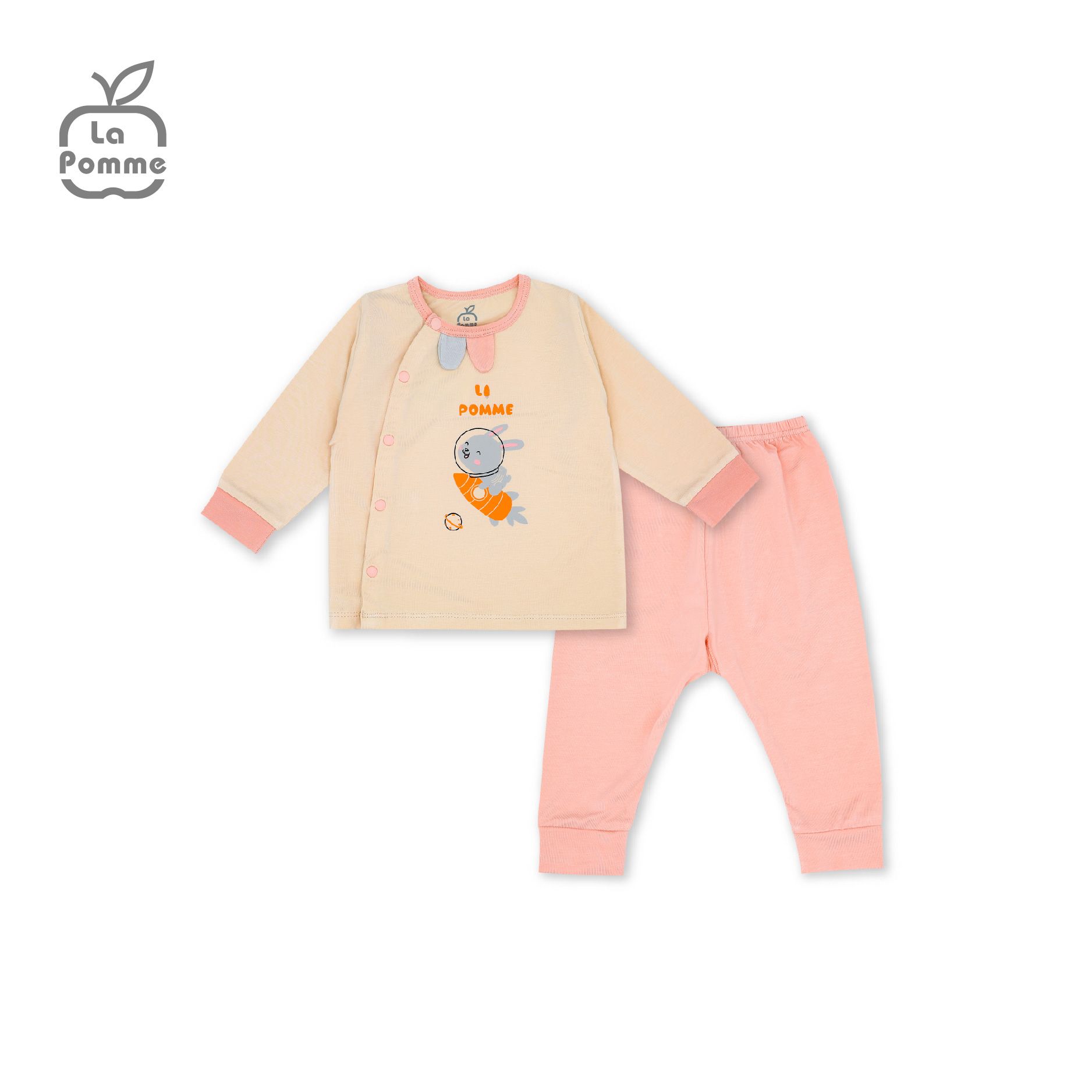 SLD059 Bộ dài tay La Pomme cúc lệch Thỏ Bunny - Trắng Ghi