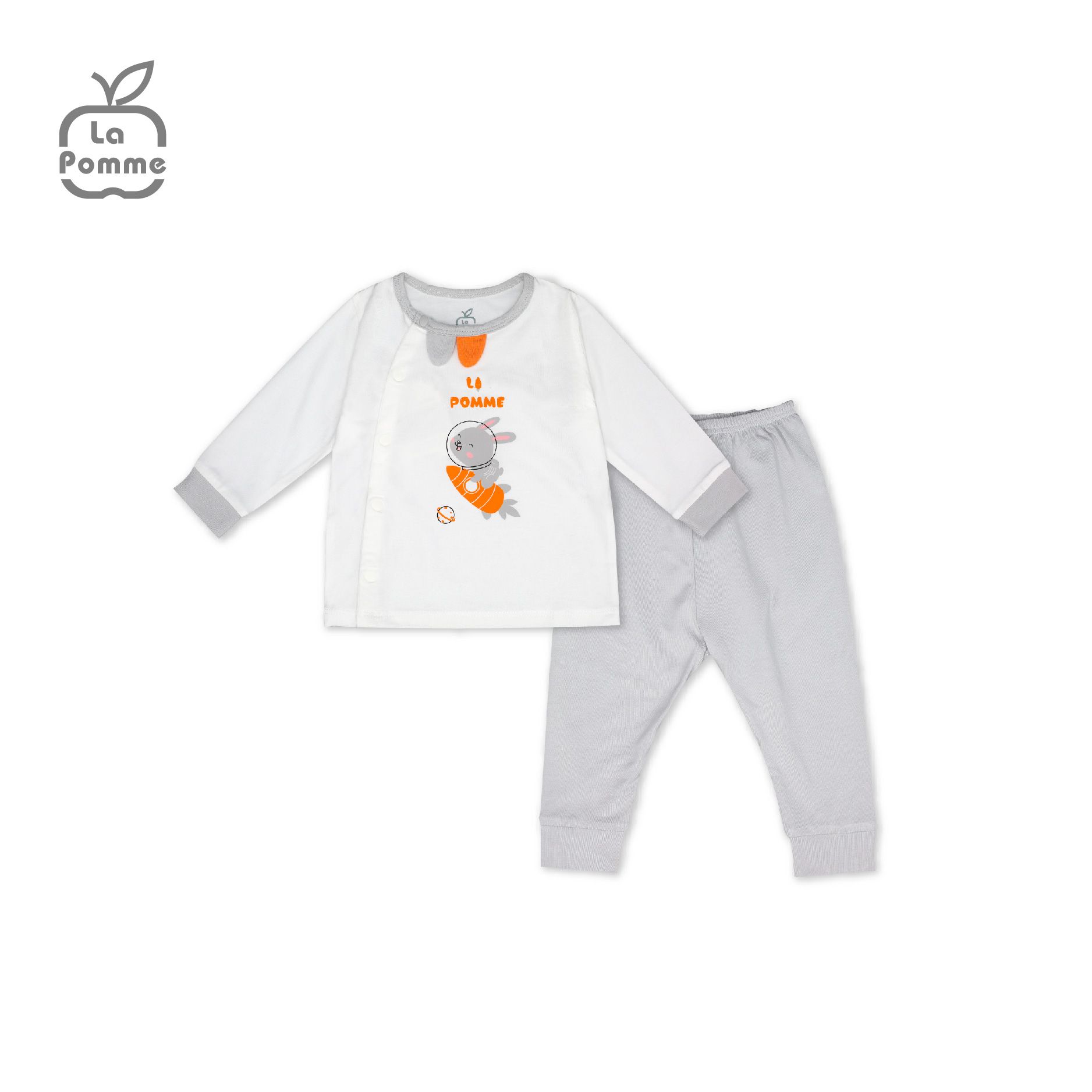 SLD059 Bộ dài tay La Pomme cúc lệch Thỏ Bunny - Trắng Ghi