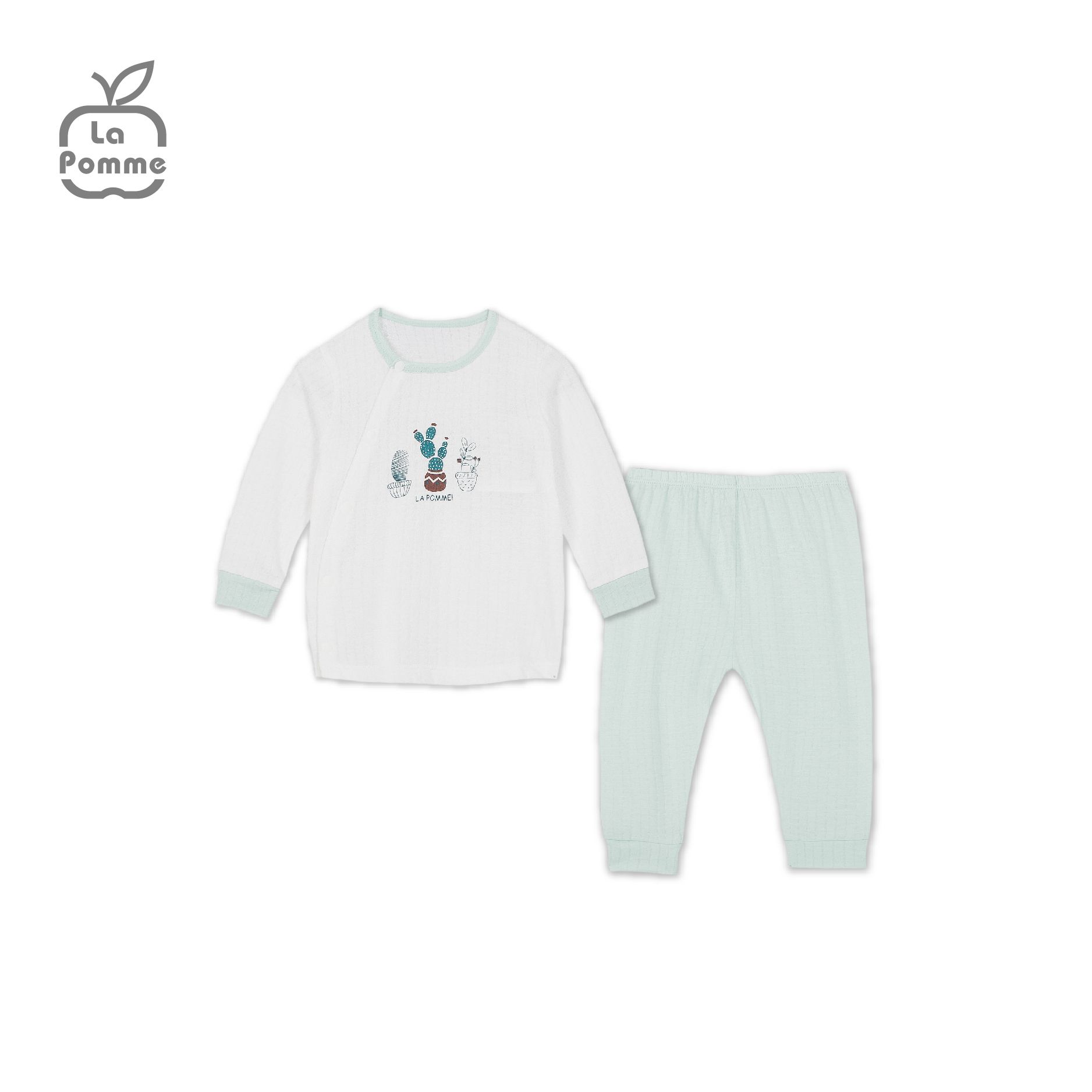 SLD181 Bộ dài tay La Pomme cúc lệch Xương rồng - Trắng xanh