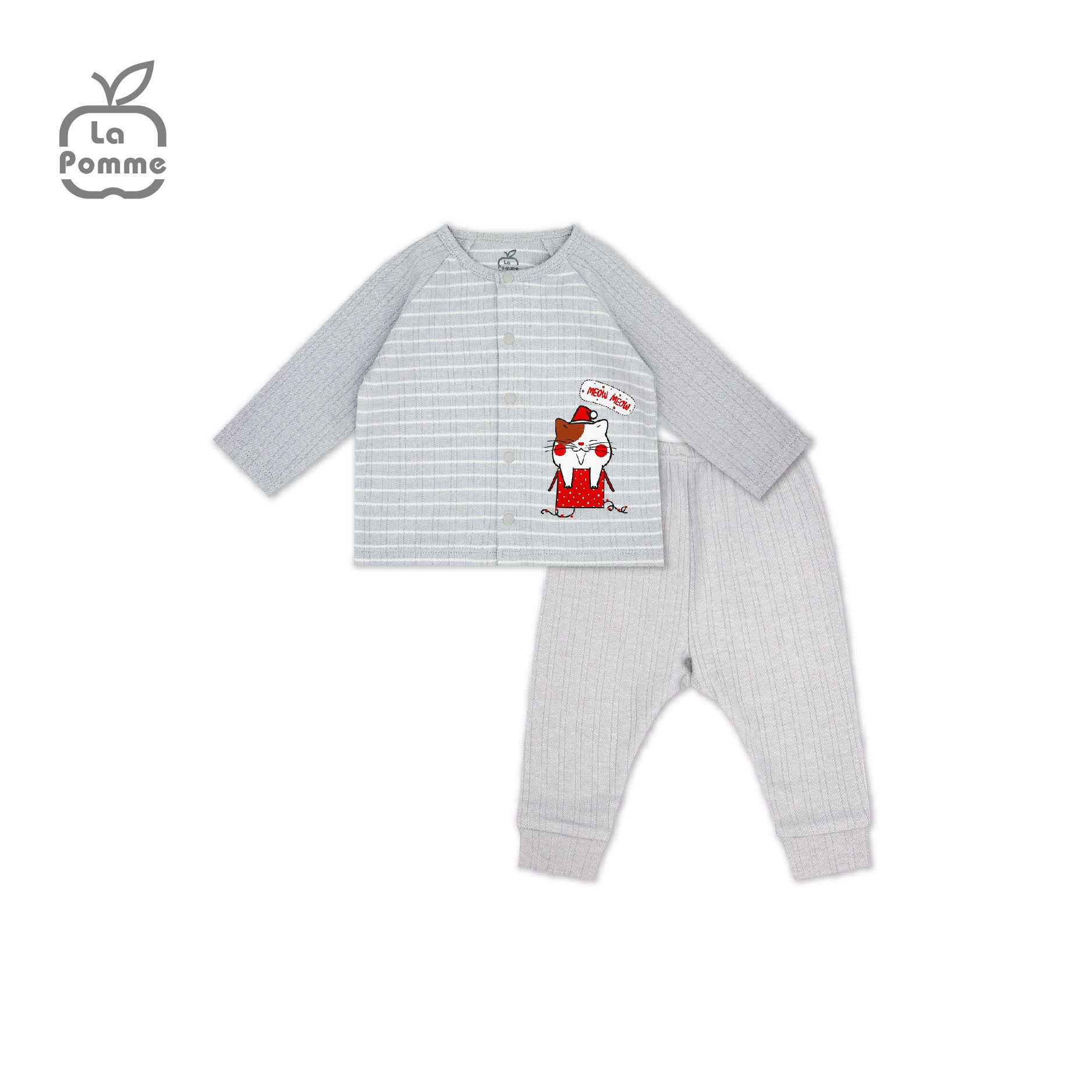SLS058 Bộ dài tay La Pomme cúc giữa kẻ - Ghi