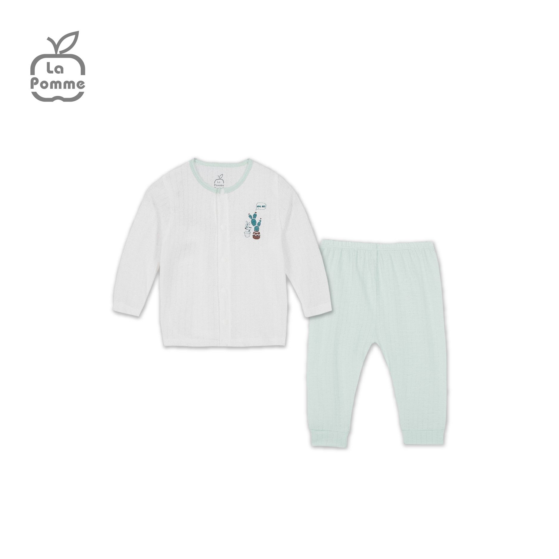 SLS180 Bộ dài tay La Pomme cúc giữa Xương rồng - Trắng xanh