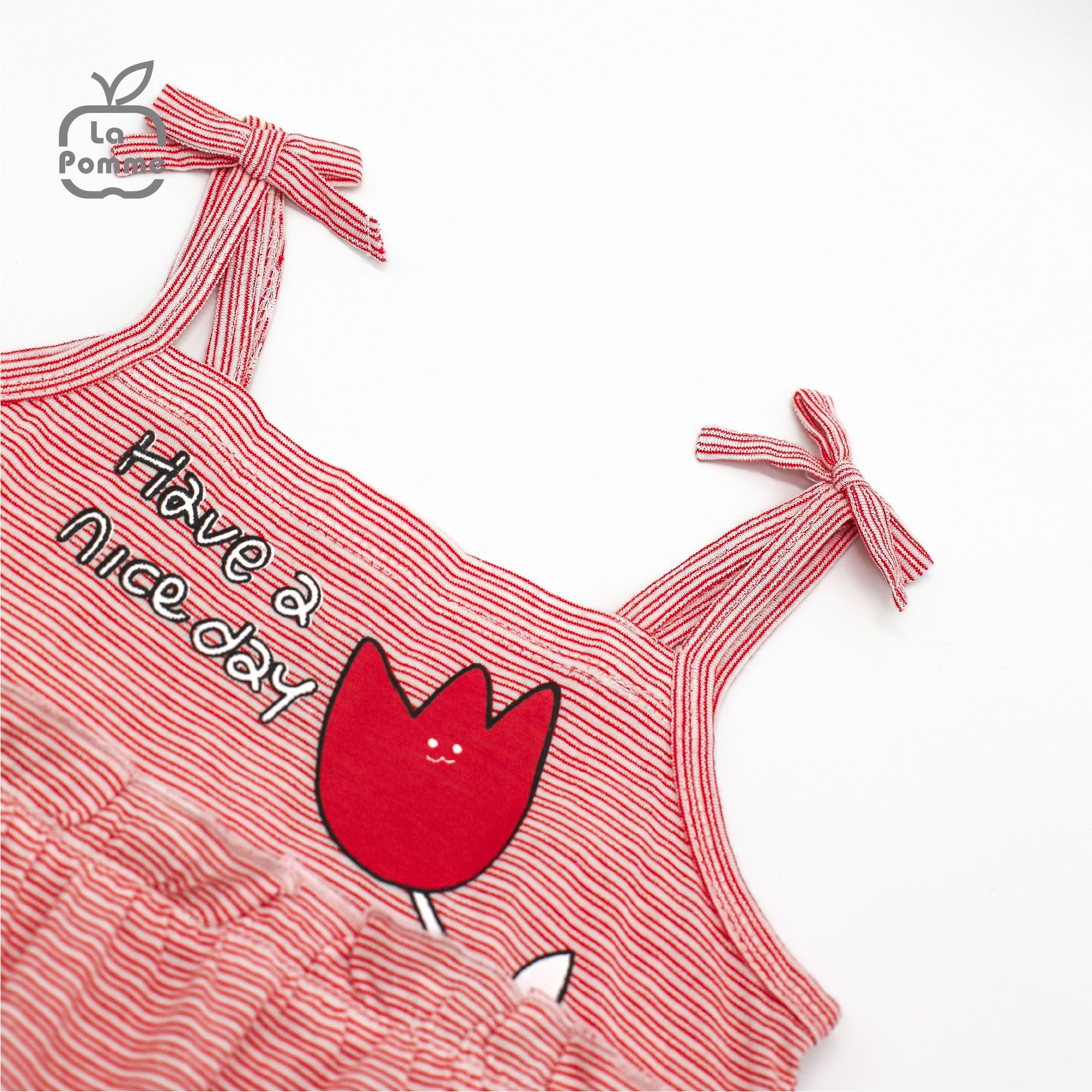 WD002 Đầm hai dây La Pomme hoa Tulip - Tím than kẻ