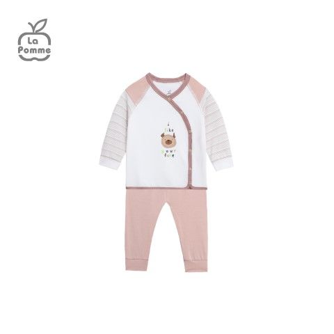 Bộ dài tay La Pomme cúc lệch - Kẻ Nâu