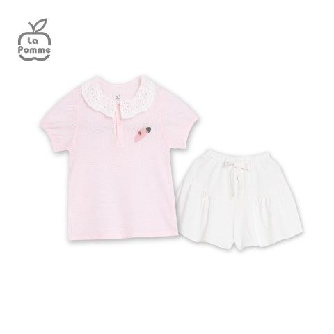 Bộ cộc tay La Pomme polo cổ ren - Hồng
