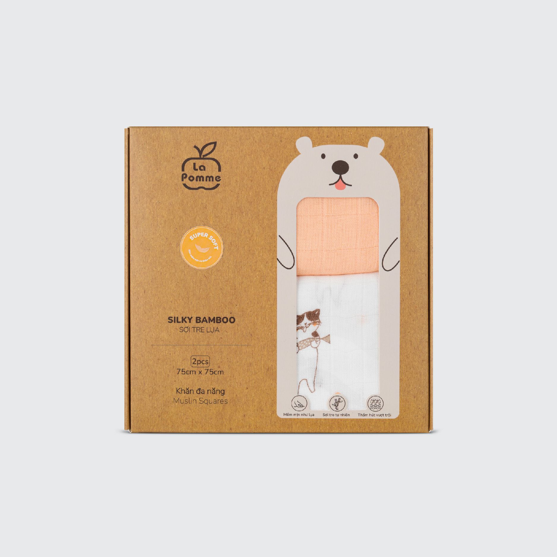 Set 2 Khăn sữa sợi tre lụa La Pomme phối màu (75x75cm) - Cam (Mèo)