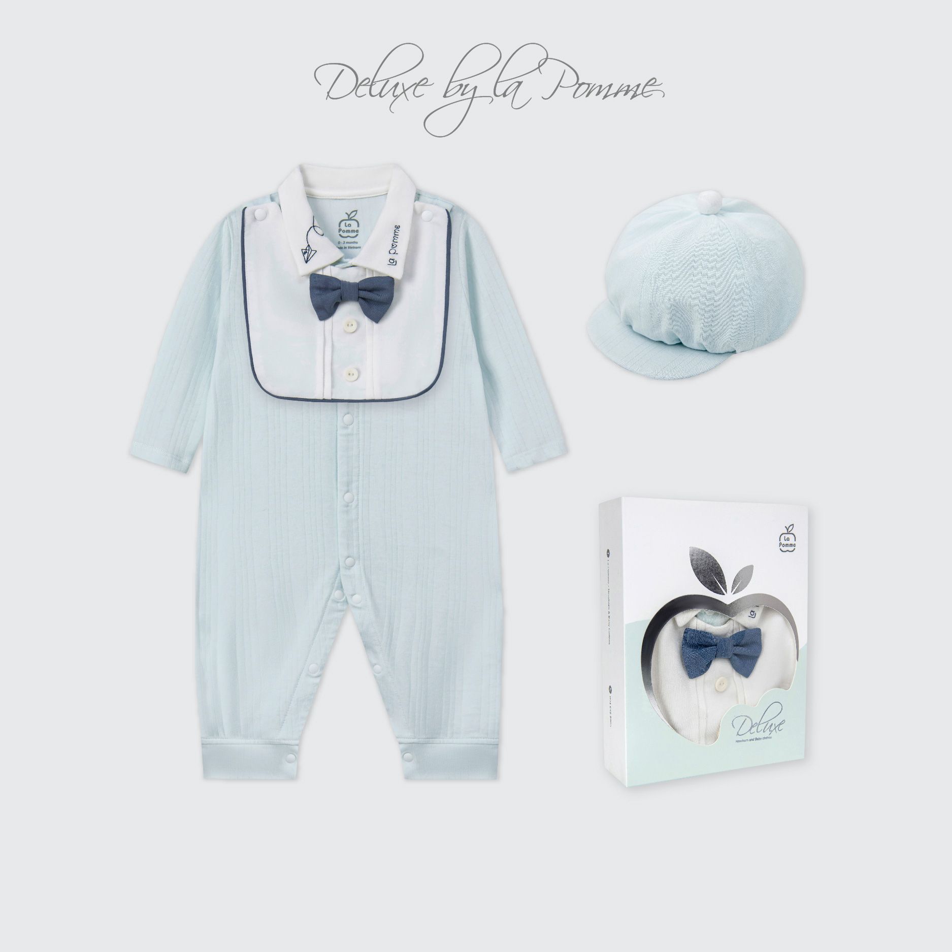 Body dài tay kèm mũ La Pomme Deluxe thêu cổ thanh lịch