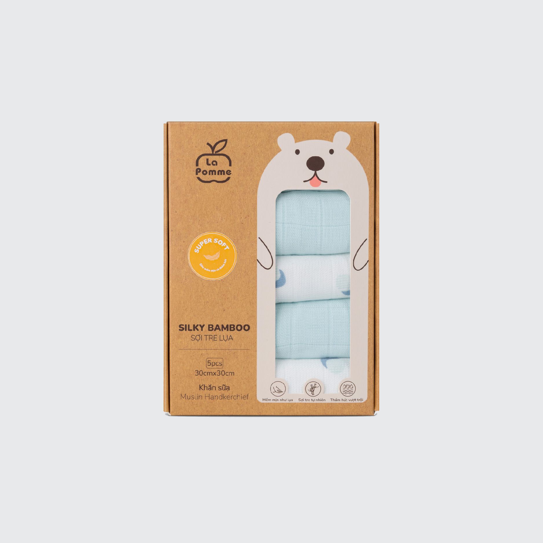 Set 5 Khăn sữa sợi tre lụa La Pomme phối màu (30x30cm) - Xanh (Hạt dẻ)
