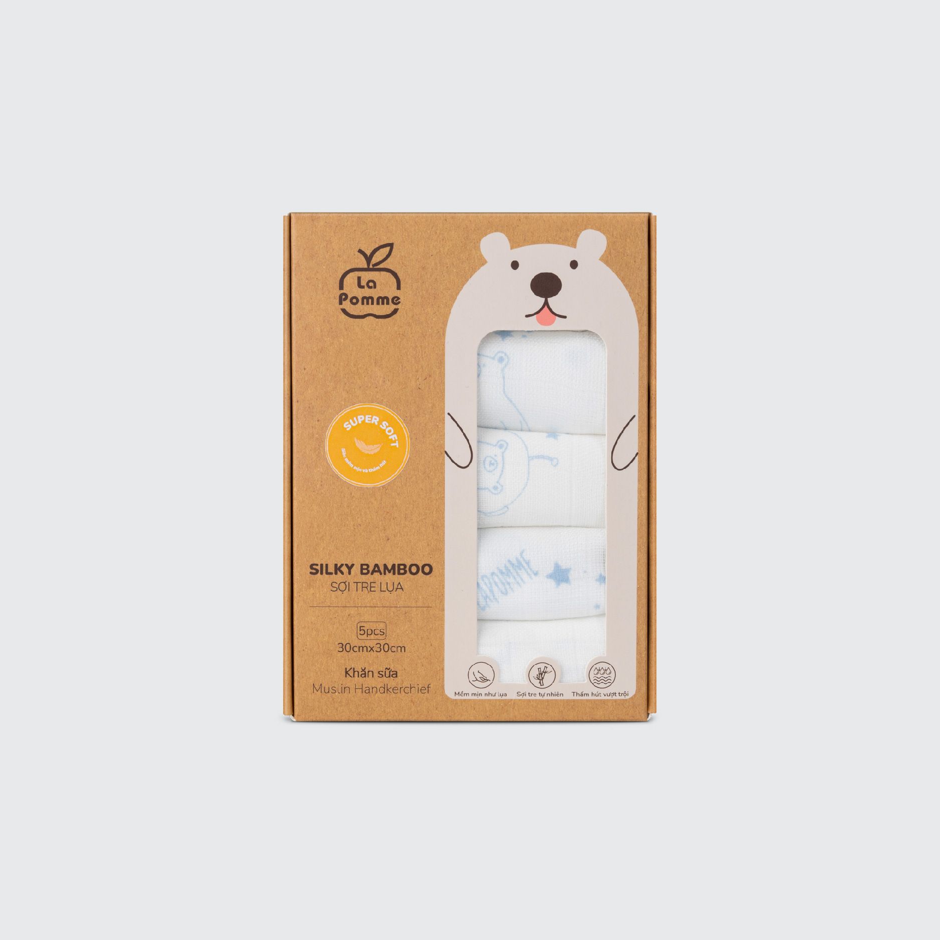 Set 5 Khăn sữa sợi tre lụa La Pomme phối màu (30x30cm) - Trắng (Gấu Galaxy viền xanh biển)