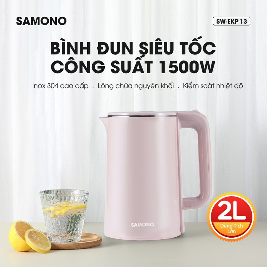 Ấm đun siêu tốc SAMONO SW-EKP13 - Dung tích 2L - 1500W - 2 lớp chống nhiệt cao cấp