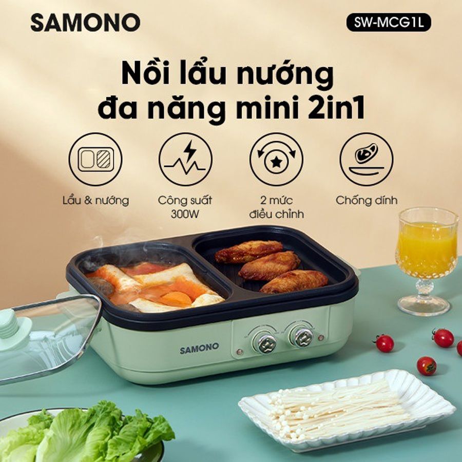 Nồi lẩu nướng điện đa năng mini 2in1 SAMONO SW-MCG1L