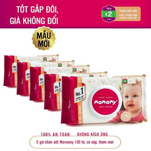 Combo 5 gói Khăn ướt Mamamy 100 tờ, mùi thơm mát, có nắp