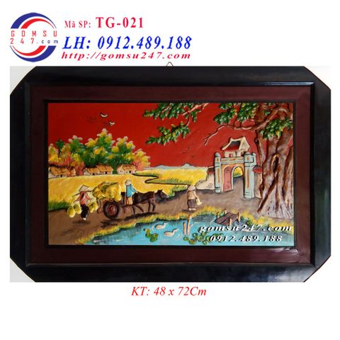 Tranh Bát Tràng cảnh cây đa cổng làng -  Khổ tranh 72 x 48Cm