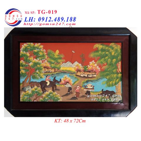 Tranh gốm treo tường cảnh làng quê - Khổ tranh 48 x 72Cm