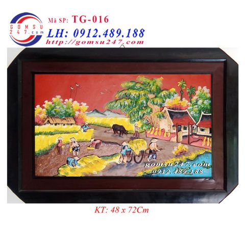 Tranh gốm treo tường cảnh đồng quê mùa gặt- Khổ tranh 48 x 72Cm