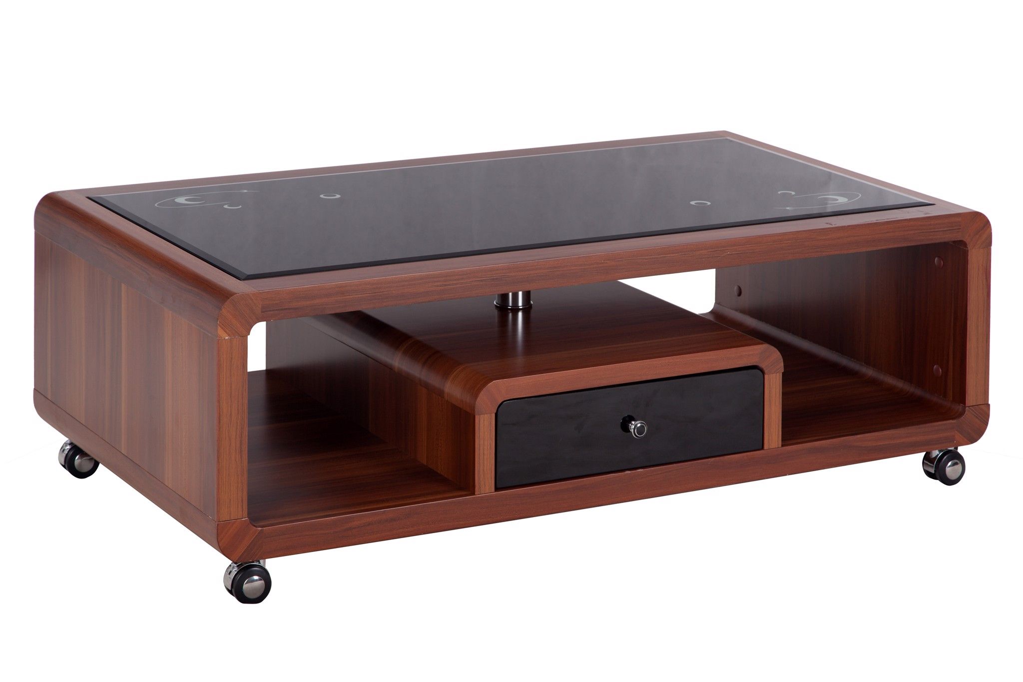 Bàn Sofa MDF MJ303 nâu mặt kiếng đen hộc kéo ở giữa
