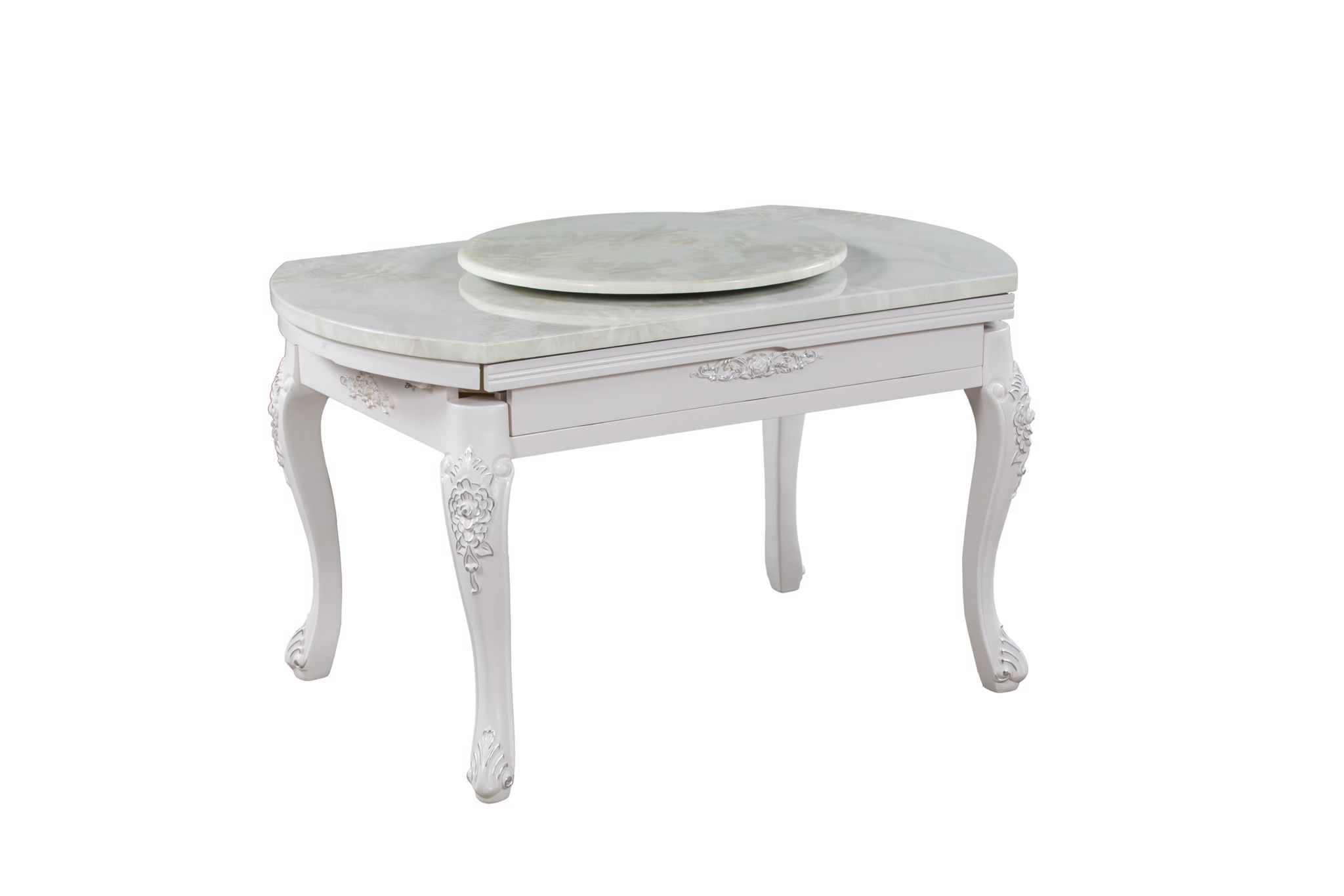 Bàn ăn gỗ mặt đá màu trắng, mâm xoay 6256