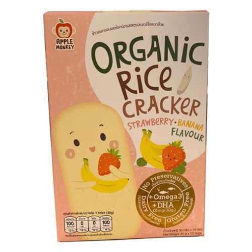 Organic Rice Cracker Strawberry, Banana Flavour Apple Monkey 30G- Org Rice Cracker Strawberry, Banana Flavour Apple Monkey 30G