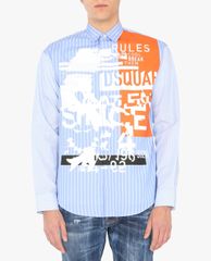 DSQUARED2 - Áo sơ mi nam tay dài cổ bẻ kẻ sọc phom suông thời trang