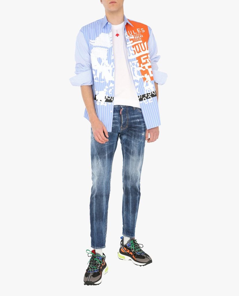 DSQUARED2 - Áo sơ mi nam tay dài cổ bẻ kẻ sọc phom suông thời trang