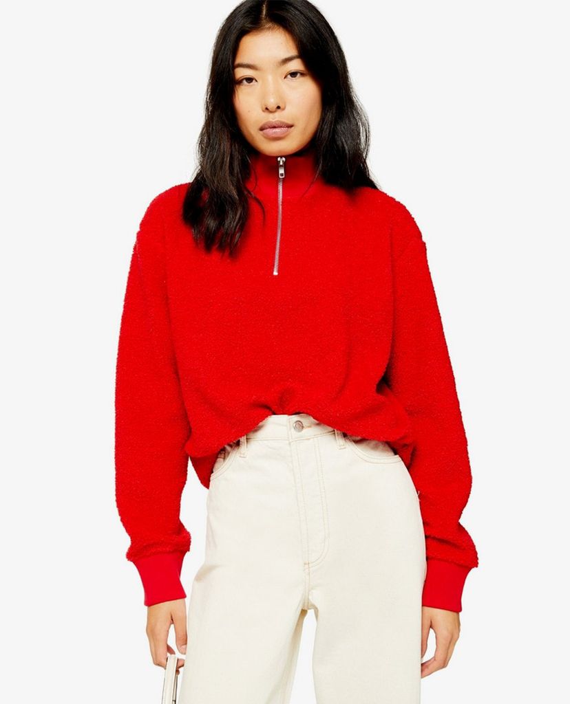 TOPSHOP - Áo sweatshirt nữ tay dài Red Borg Zip Funnel