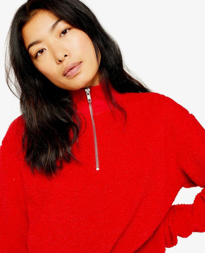 TOPSHOP - Áo sweatshirt nữ tay dài Red Borg Zip Funnel