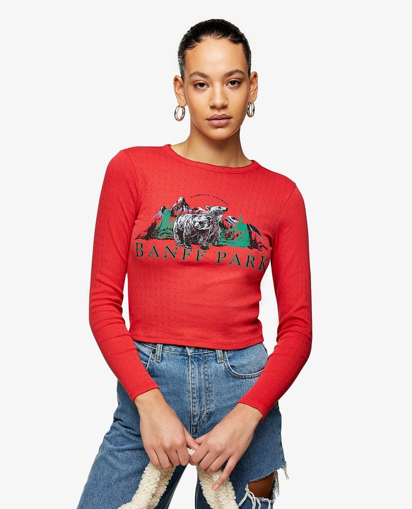 TOPSHOP - Áo thun nữ phom ôm tay dài Red Banff Park