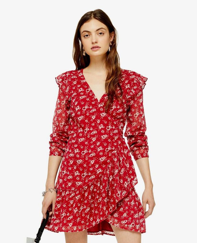 TOPSHOP - Đầm mini tay dài cổ V Floral Dobby Ruffle