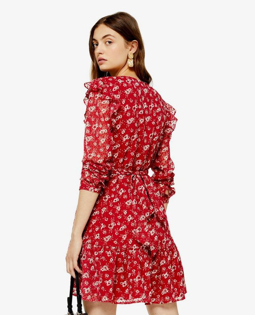 TOPSHOP - Đầm mini tay dài cổ V Floral Dobby Ruffle