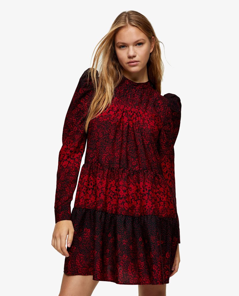TOPSHOP - Đầm mini tay dài cổ tròn Red Tiered