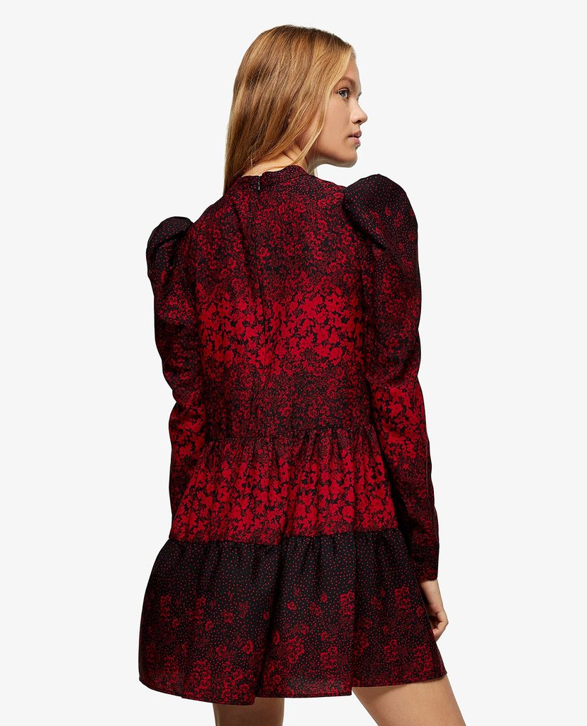 TOPSHOP - Đầm mini tay dài cổ tròn Red Tiered