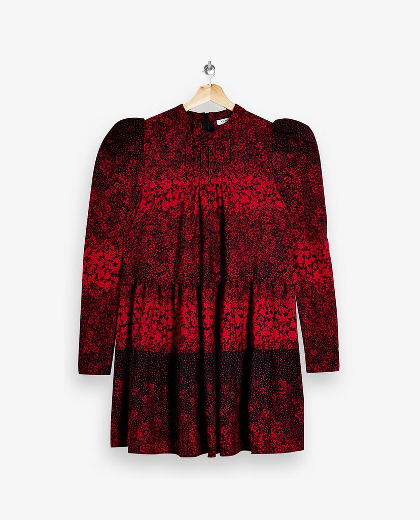 TOPSHOP - Đầm mini tay dài cổ tròn Red Tiered