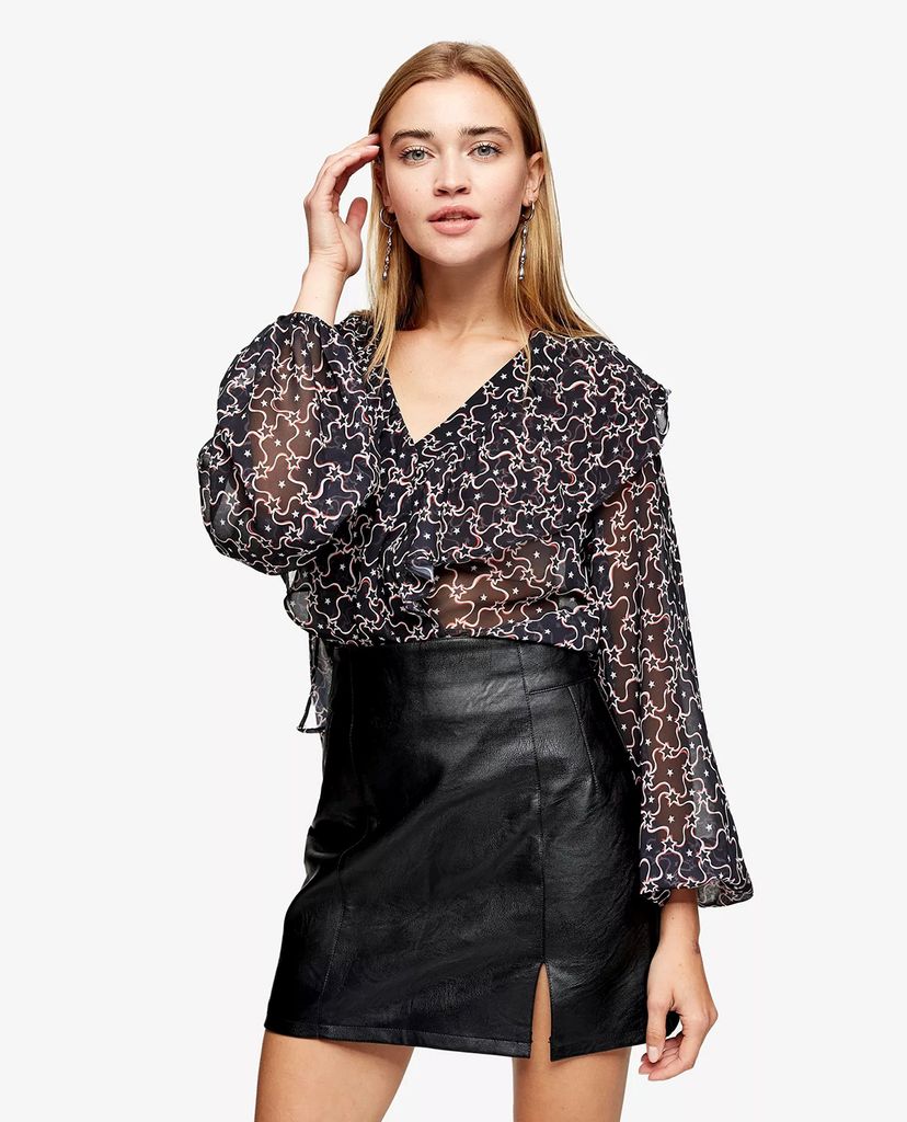 TOPSHOP - Áo kiểu nữ cổ V tay dài Red Star Print Ruffle