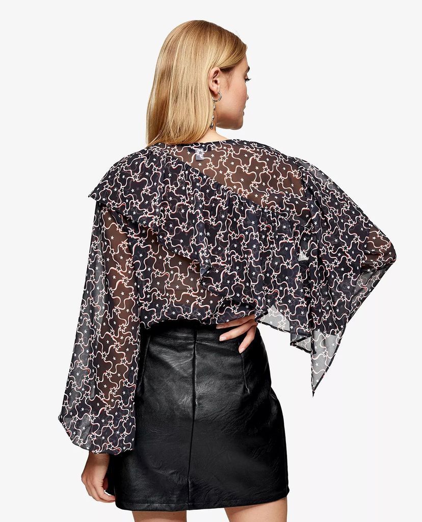TOPSHOP - Áo kiểu nữ cổ V tay dài Red Star Print Ruffle