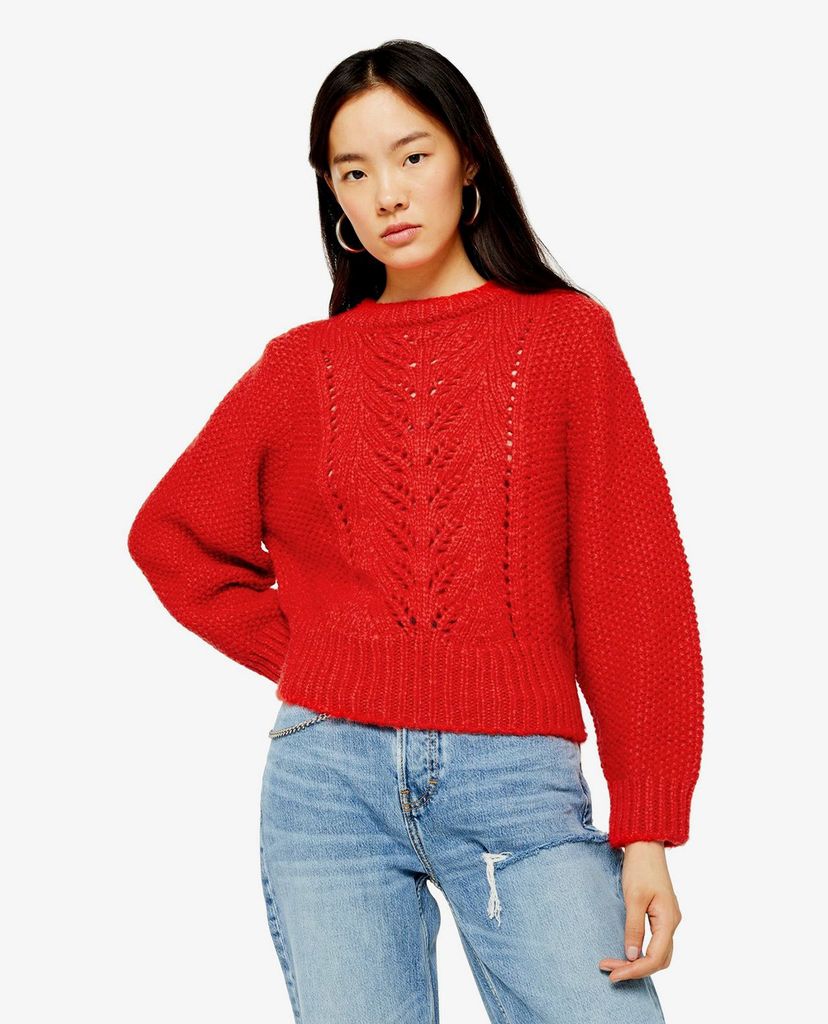 TOPSHOP - Áo len nữ cổ tròn tay dài Red Knitted Pointelle Crop