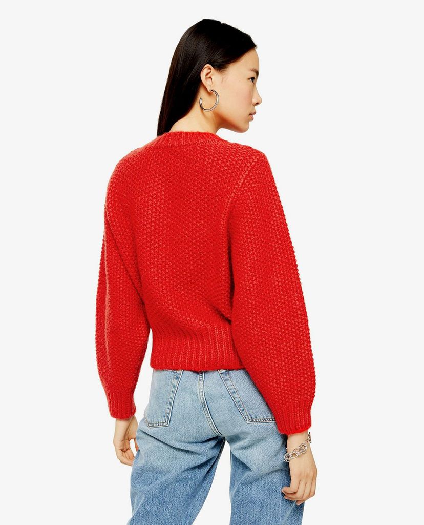 TOPSHOP - Áo len nữ cổ tròn tay dài Red Knitted Pointelle Crop